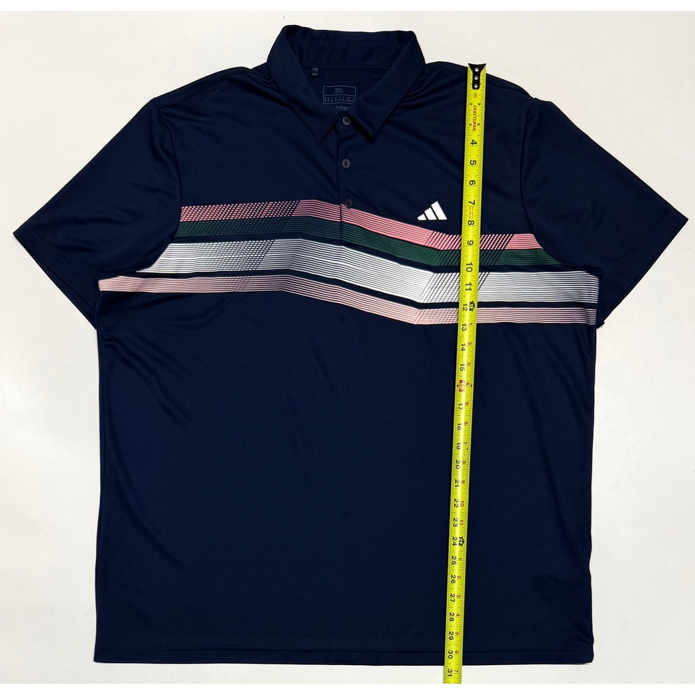 Adidas Mens Golf Polo Shirt 2XL Navy Blue Chest Stripe Graphic Performance Tee